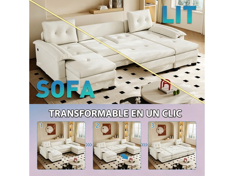  Canapé panoramique en u convertible 278 cm en tissu chenille beige, lit gigogne, port... IKSETERA TRADING LTD - Conforama D