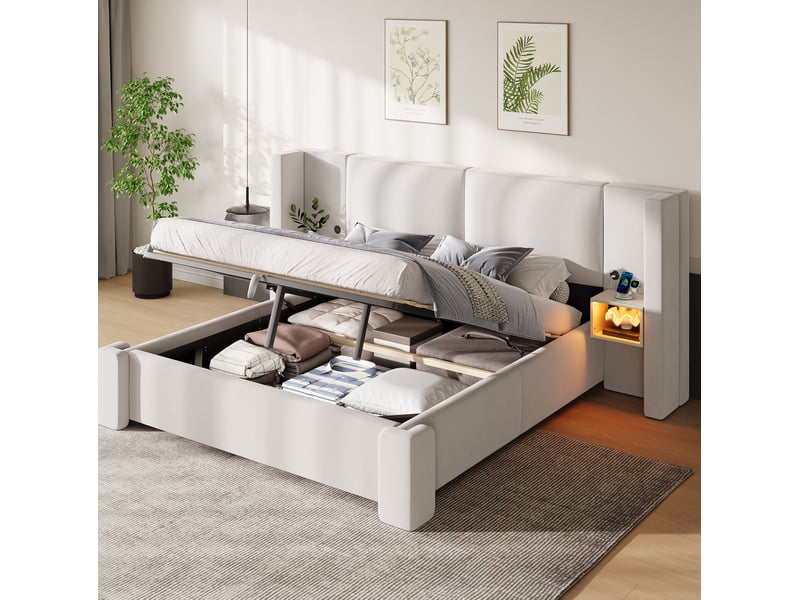  Lit coffre tcqpz 180 x 200 cm avec éclairage led et rangements latéraux en lin beige  - Conforama B