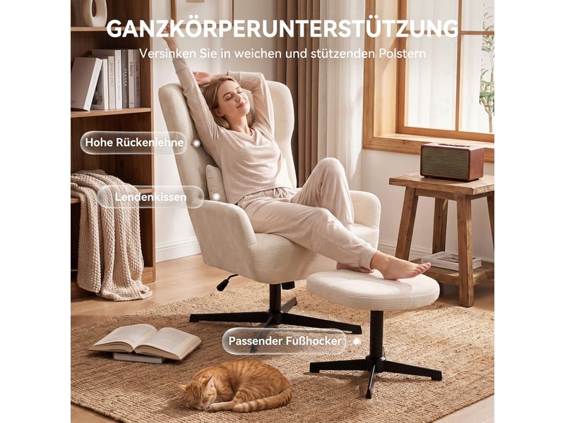  Fauteuil pivotant avec repose-pieds en chenille blanc crème 71 x 88 x 104 cm  - Conforama E