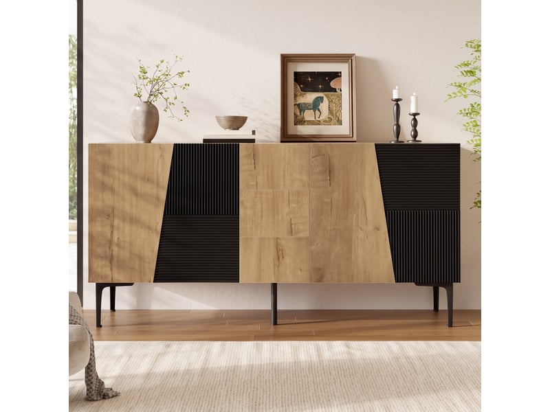 Buffet bas 160x40x80 cm avec 4 portes, 3 tiroirs et étagères réglables, meuble rangement salon salle à manger en mdf-noir et bois - Conforama E