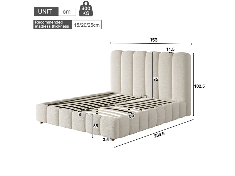Lit double 140 × 190 cm avec coffre relevable hydraulique sommier et tête de lit en bouclette blanche pour chambre - Conforama C