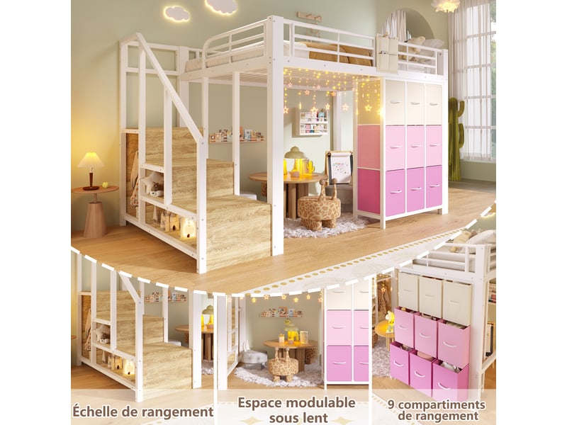  Lit mezzanine 140x200 cm avec escalier à rangements et tiroirs, lit surélevé avec penderie et garde-corps, en métal et mdf, blanc  - Conforama E