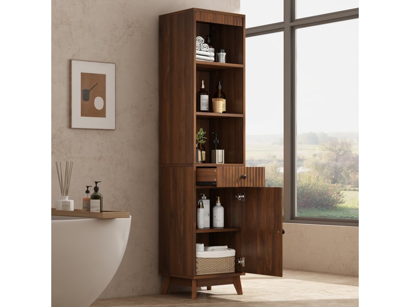  Meuble de salle de bain - 40x36x172cm - meuble haut cannelé avec porte réversible, tiroir &amp; 3 niches - noyer  - Conforama D