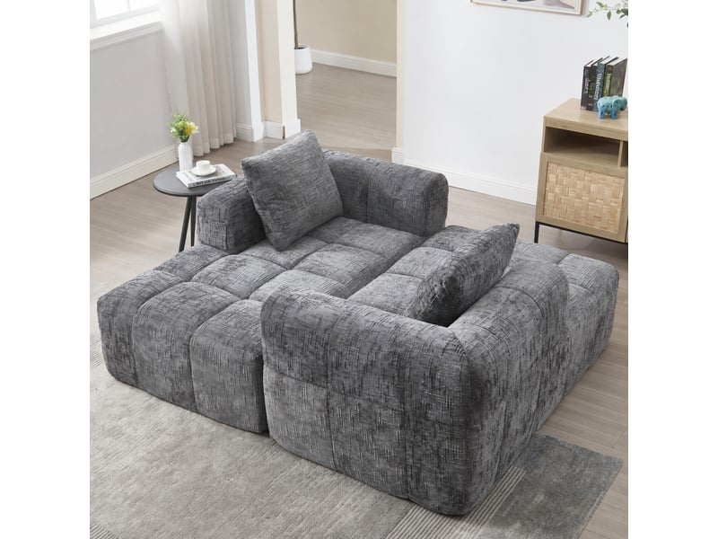  Canapé méridienne gris en chenille, chaise longue rembourrée avec coussin et poches latérales  - Conforama E