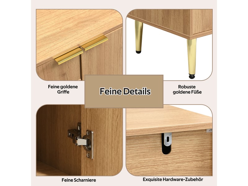  Buffet moderne 140x40x72 cm mdf naturel 4 portes étagères réglables pieds métal doré  - Conforama D