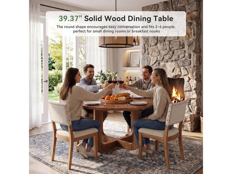  Table de salle à manger ronde en bois massif 100 cm brun rustique, pieds en x, 2 à 4 couverts, gain de place, montage facile, style champêtre  - Conforama E