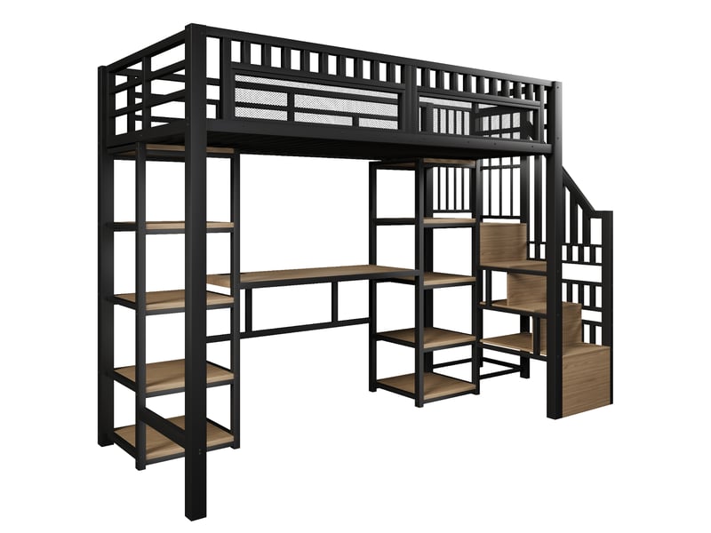 Lit mezzanine métal noir 90x200 cm avec bureau led usb rangement échelle - Conforama D