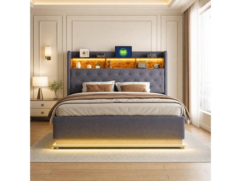  Lit coffre led 180 x 200 cm avec rangement hydraulique et usb, gris  - Conforama B