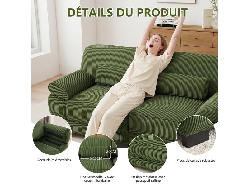  Canapé d’angle modulable 336 cm 4 places avec pouf, design carré épuré, base et accoudoirs à matelassage en canaux, velours côtelé, vert  - Conforama E