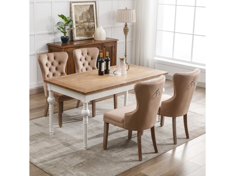 Lot de 4 chaises de salle à manger velours brun, pieds bois massif, clous décoratifs, poignée au dossier, style chic  - Conforama R