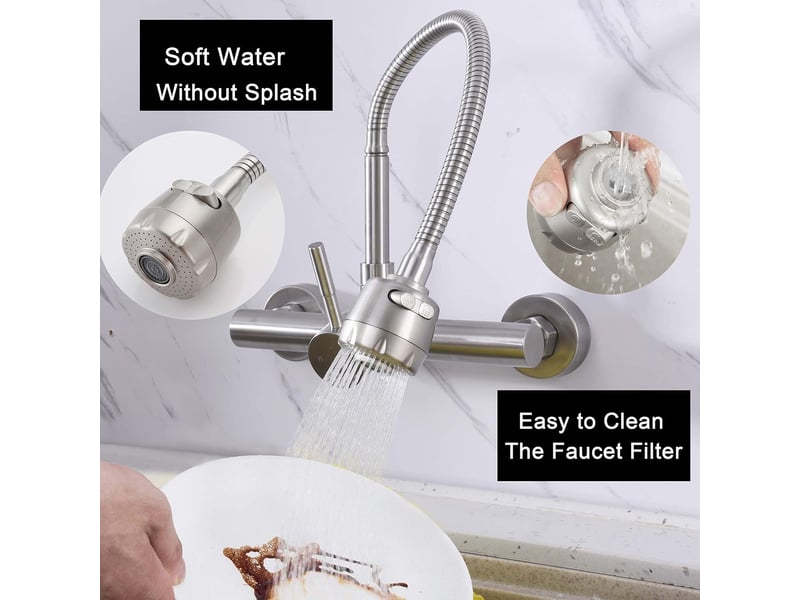  Robinet en acier inoxydable mural pour salle de bain et cuisine, robinet à pulvérisateur rotatif à 360° pour lavabo à eau chaude et froide  - Conforama D