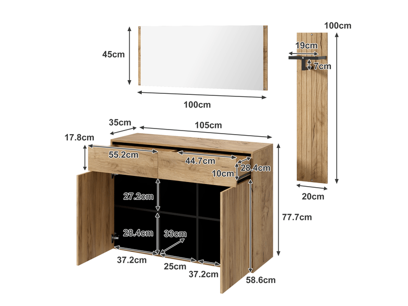  Ensemble vestiaire d'entrée 125x35x178cm - avec miroir et meuble à chaussures - avec cintre - naturel + noir  - Conforama C