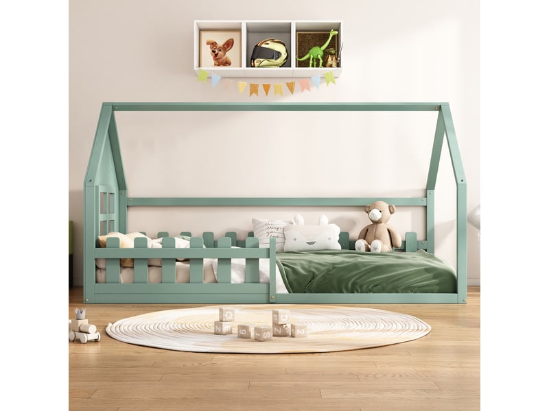 Lit cabane enfant 90x200 cm, lit vert pour chambre enfant avec cadre en bois de pin, design minimaliste - Conforama E