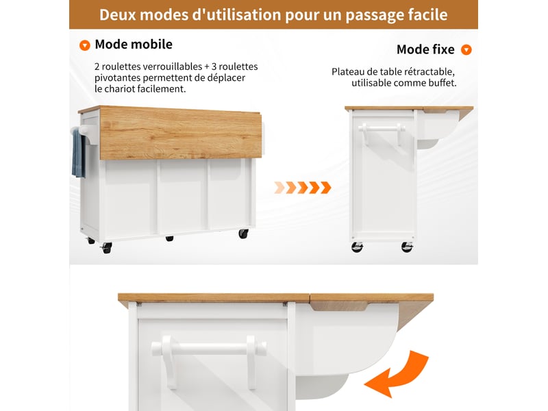  Îlot de cuisine 137,9x73x92,2 cm avec plan rabattable et roulettes, poignées chromées, pour la cuisine, en mdf, blanc  - Conforama D
