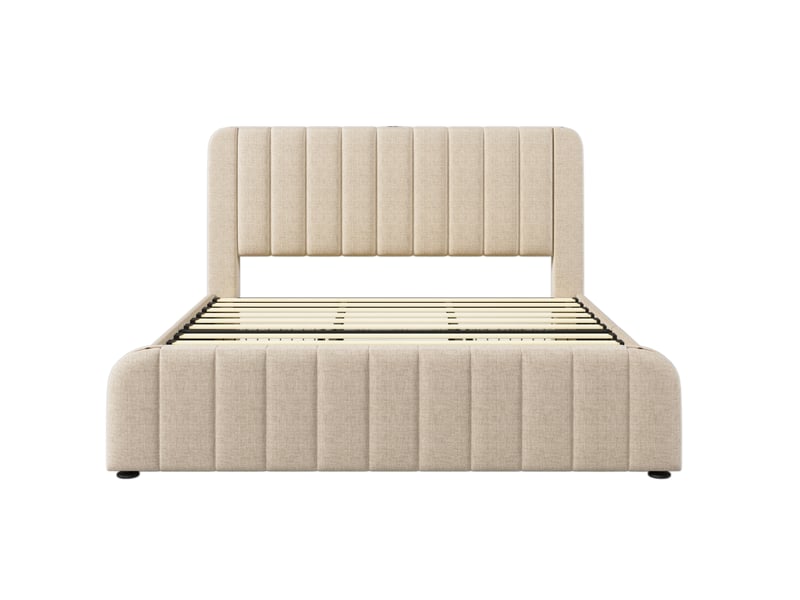 Lit adulte 180x200 cm, lit double avec 4 tiroirs, tête de lit, usb et type-c, lin beige, avec matelas - Conforama E