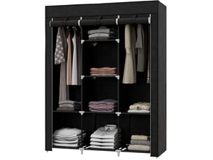 Armoire en tissu avec 2 tringles et 8 étagères, fermeture zippée, pour chambre et entrée, noire 125×43×162,5 cm