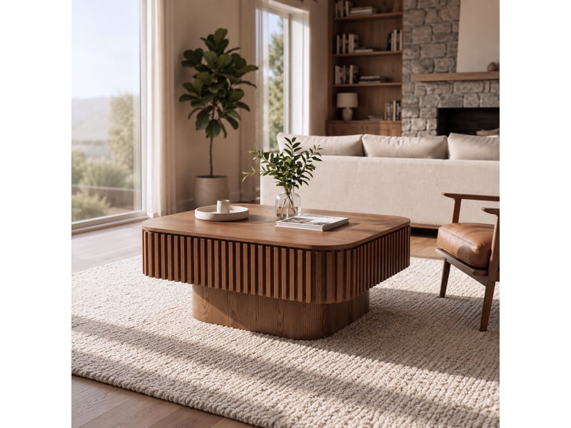  Table basse carrée avec coffre et décor cannelé teinte noyer 75 × 75 × 35 cm IKSETERA TRADING LTD - Conforama D