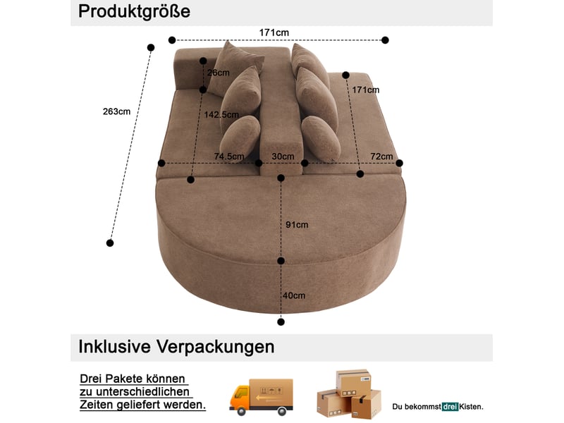 Canapé droit modulable convertible 5 places en tissu marron 263 cm, confort doux pour salon moderne - Conforama C
