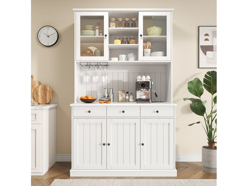  Buffet haut de cuisine avec 2 portes vitrées, tiroir, porte-verres et prises pour séjour, blanc, 120 × 40 × 191 cm  - Conforama C