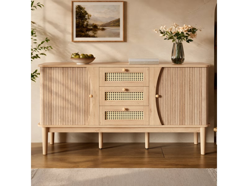 Buffet 141 x 40 x 77 cm, commode avec portes coulissantes, étagères réglables et plateau aux angles arrondis, décor rotin naturel ABC - Conforama E
