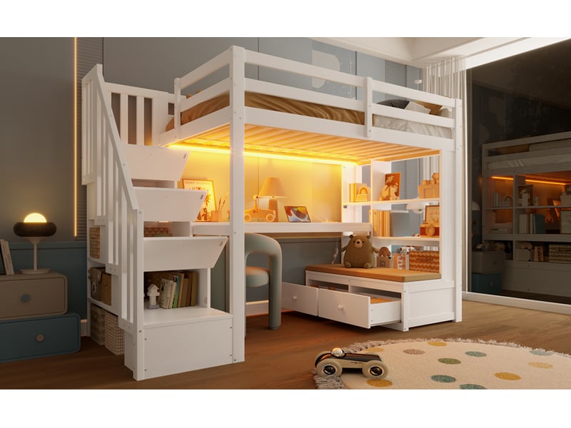 Lit mezzanine 90 x 200 cm, lit enfant surélevé, 2 tiroirs, bureau intégré, étagères ouvertes, éclairage led, échelle, bois massif, blanc Morn Vibe - Conforama E