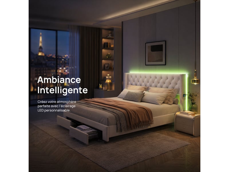 Lit 140 x 190 cm avec sommier ,lit double avec 2 tiroirs et led,usb,cadre de lit 140x190 cm ,lit rembourré,velours,beige - Conforama E
