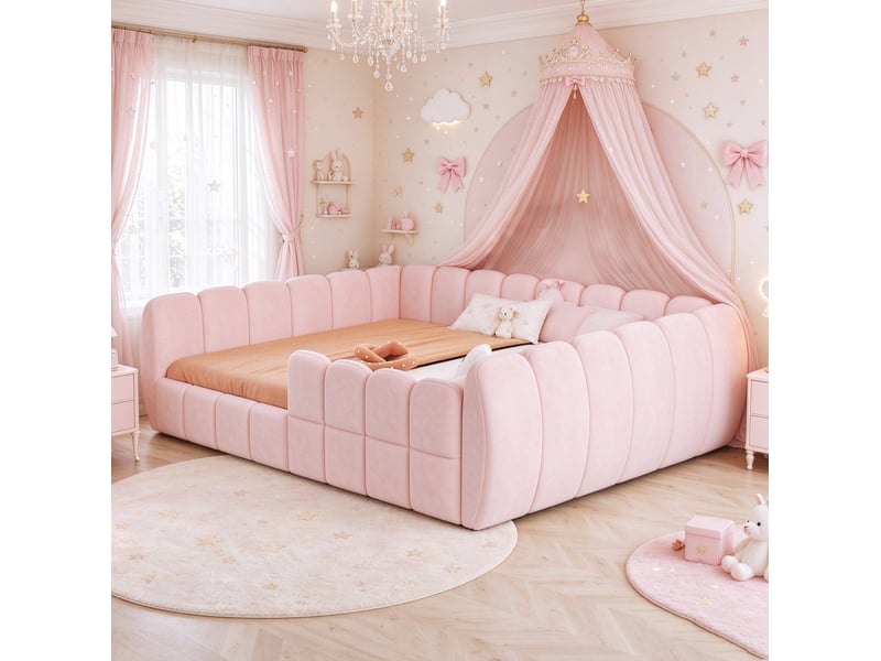  Lit enfant 140 × 200 cm au sol avec cadre entièrement rembourré et angles arrondis en velours rose pour chambre d'enfant  - Conforama D