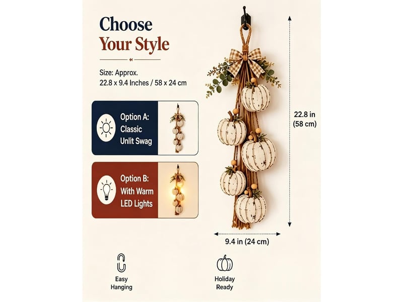  Lot de 5 décorations d’automne citrouilles blanches en bois avec led, nœuds à carreaux, pour porte et mur  - Conforama E