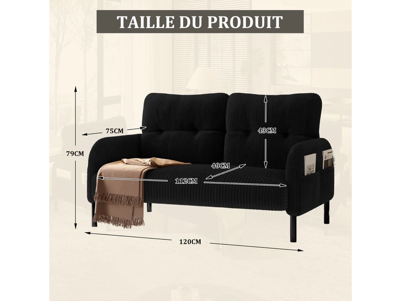 Canapé droit fixe 2 places en velours côtelé noir 120 × 75 × 79 cm avec poche latérale, pour votre salon - Conforama C