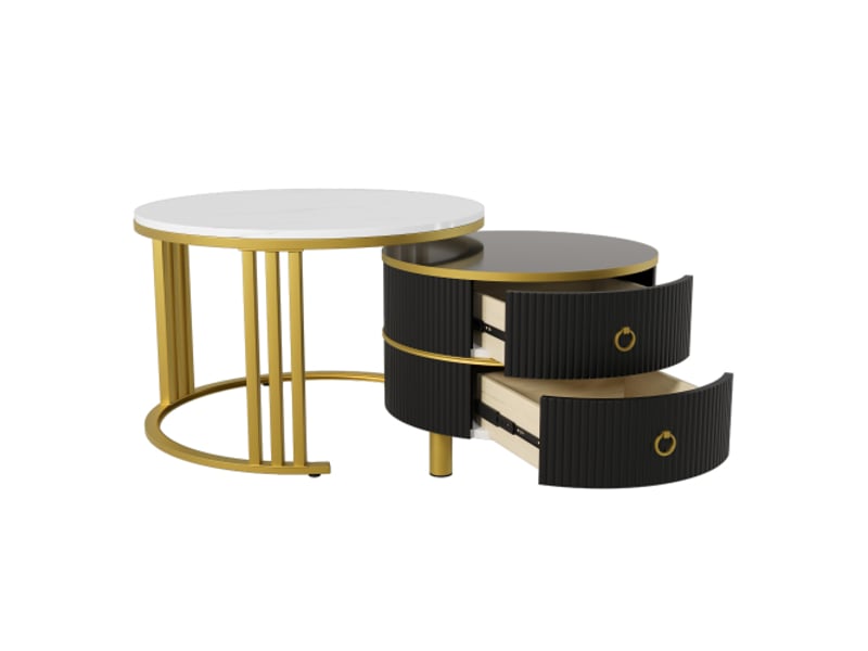  Lot de 2 tables basses gigognes blanches et noires avec plateau à motif marbre, 2 tiroirs et garniture dorée  - Conforama A