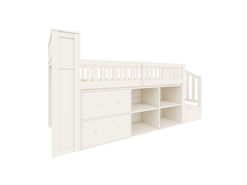  Lit mi-hauteur 90x200 cm blanc, tiroirs, rangements, armoire avec échelle, éclairage led, sans matelas  - Conforama E