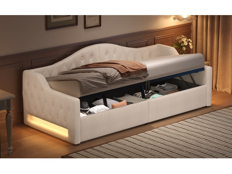  Lit gigogne simple 90 x 200 cm, lit de repos rembourré avec bande led et rangement en dessous, lit 1 personne, beige  - Conforama W
