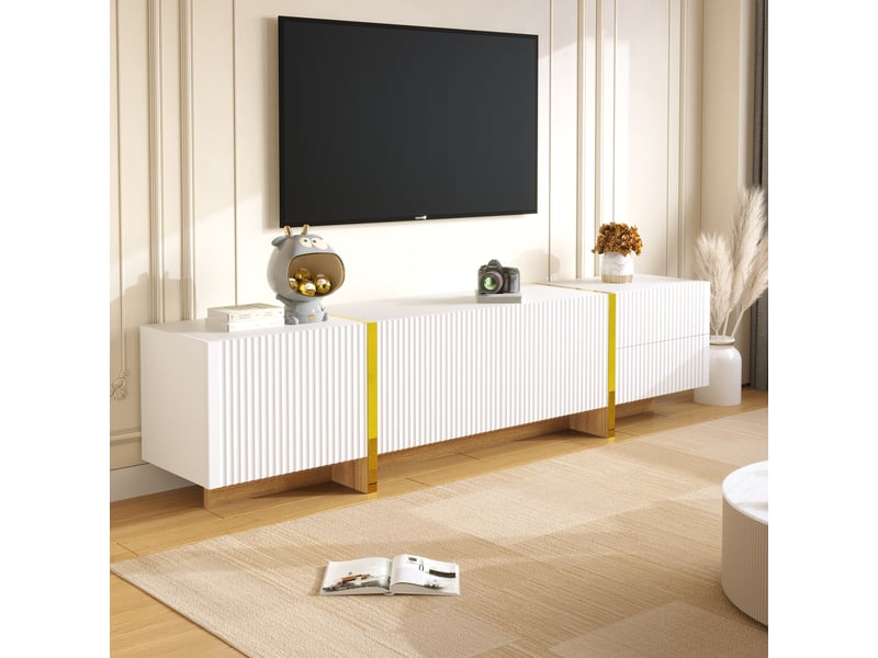  Meuble tv 180 cm bas avec tiroirs et portes arrondies mdf noir et blanc  - Conforama C