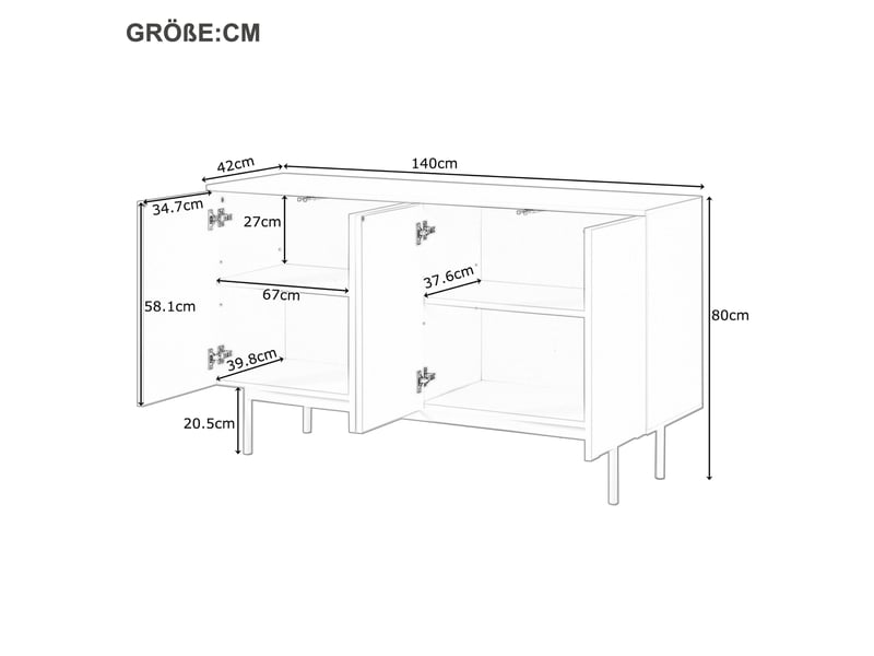  Buffet 4 portes à motifs arqués avec étagères réglables pour salon en mdf et métal blanc  - Conforama E