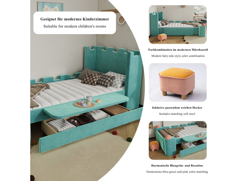  Lit enfant simple 90×200 cm, tiroir, tablette rabattable et bords rembourrés - okmyhome- sans matelas bleu vert  - Conforama E