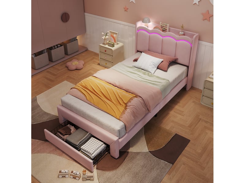  Lit enfant 90x200 cm avec 1 tiroir et led, tête de lit, mdf et métal, velours couleur rose, sans matelas, moderne  - Conforama B