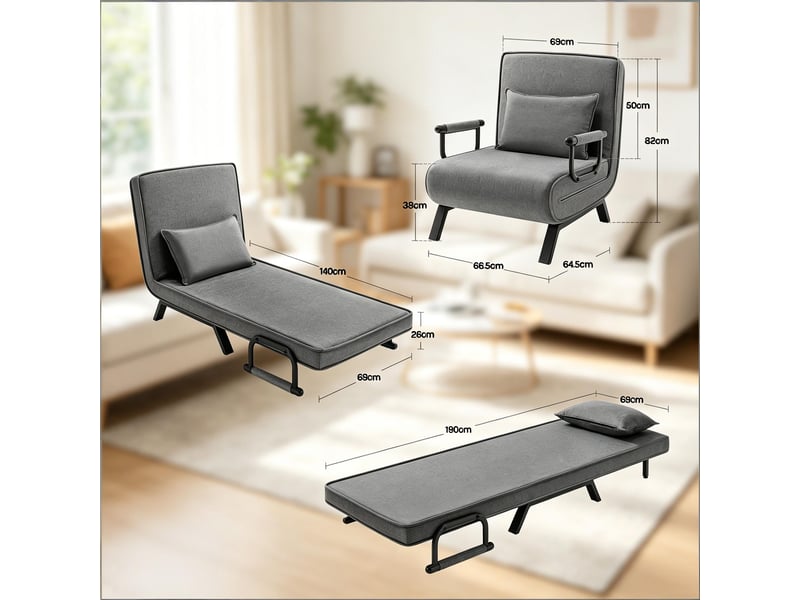  Fauteuil-lit convertible 1 place, pliable 3-en-1 avec couchage spacieux et dossier réglable  - Conforama D
