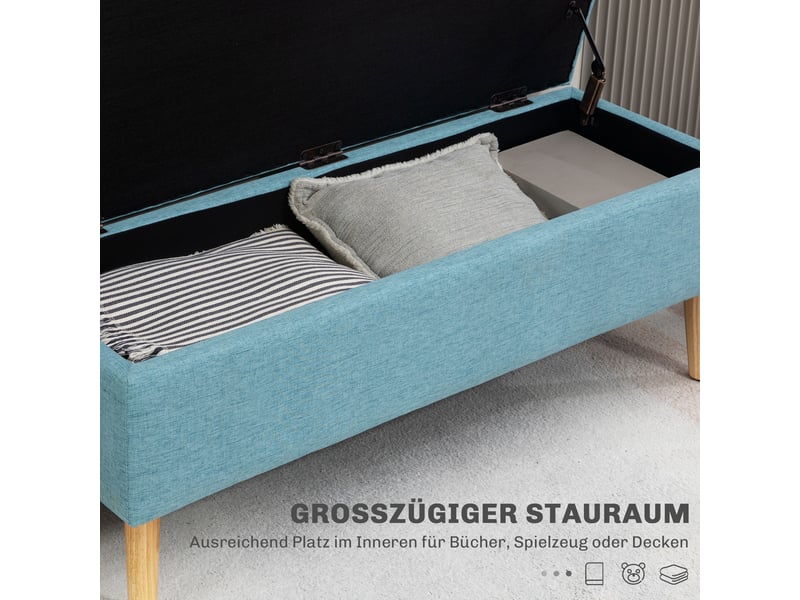  Banc de rangement bleu en lin avec coffre de rangement intégré supportant jusqu'à 220 kg et mesurant 110x39x45 cm  - Conforama E