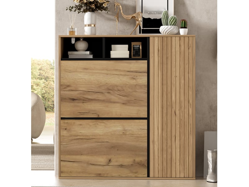  Meuble à chaussures 90x24x94 cm avec 2 abattants et 1 porte noir et naturel  - Conforama D