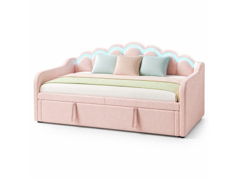  Lit gigogne canapé 90x200 cm fermé, 180x200 cm ouvert, tête ondulée, led multicolores, velours, rose, sans matelas  - Conforama A