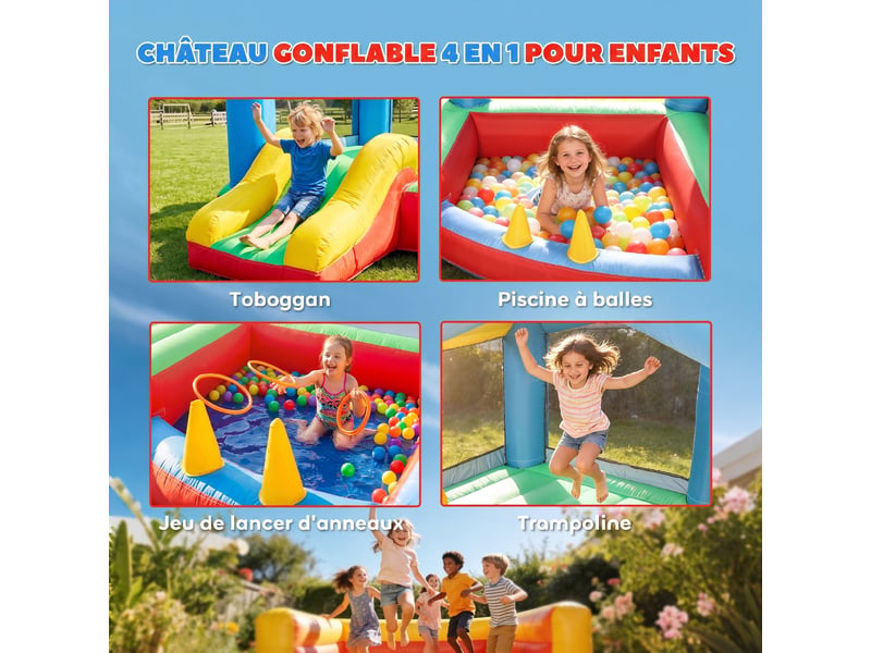  Château gonflable 4 en 1, aire de jeux avec souffleur, toboggan, piscine à balles, jeu de lancer d'anneaux, multicolore  - Conforama D