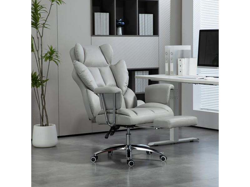  Chaise de bureau ergonomique, rembourrée, avec repose-pieds, dossier réglable, pivotante à 360°, gris clair  - Conforama D