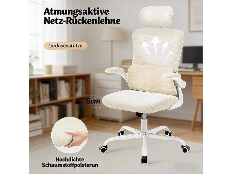  Chaise de bureau ergonomique réglable avec dossier inclinable - lpospi - appui-tête, maille et métal - beige  - Conforama E
