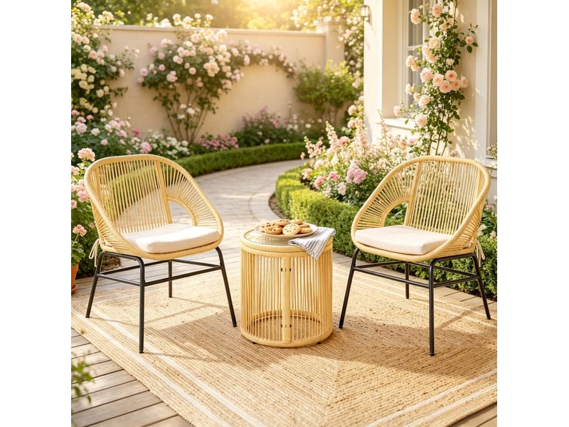  Salon de jardin 2 fauteuils avec table ronde – 63x73x81 cm – beige – coussins déhoussables et plateau en verre trempé  - Conforama D