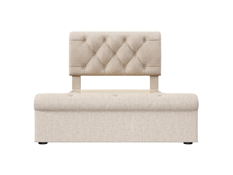 Lit simple chesterfield 90x200 cm avec rangements et 2 tiroirs, lin, naturel, matelas inclus - Conforama W