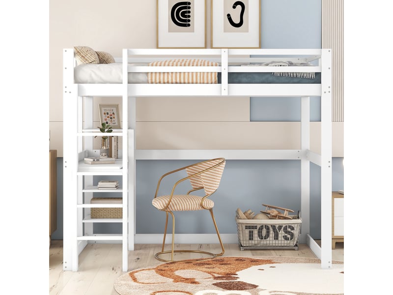  Lit mezzanine blanc antique 140x200cm avec rangement, bureau, structure robuste, confort durable - bois massif - pour enfant ado  - Conforama B