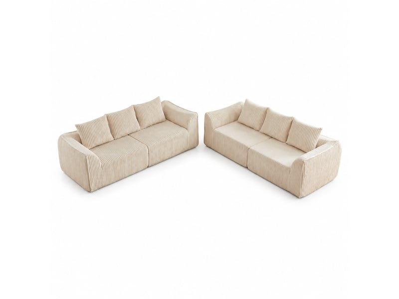  Canapé modulaire 6 places en velours côtelé beige, lignes arrondies et six coussins pour un salon chic  - Conforama A