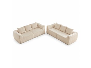 Canapé modulaire 6 places en velours côtelé beige, lignes arrondies et six coussins pour un salon chic