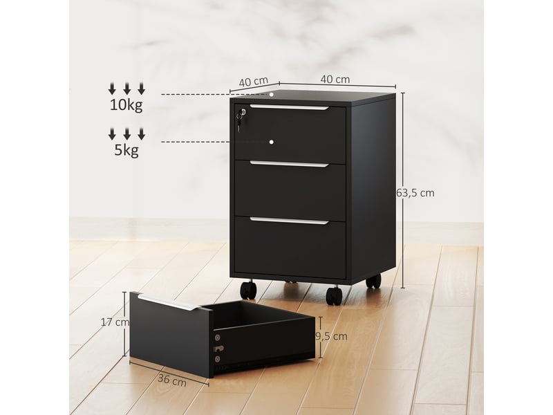  Caisson de bureau à roulettes avec 3 tiroirs et serrure, meuble rangement bureau sur roulettes, noir, 40 x 40 x 63,5 cm  - Conforama C