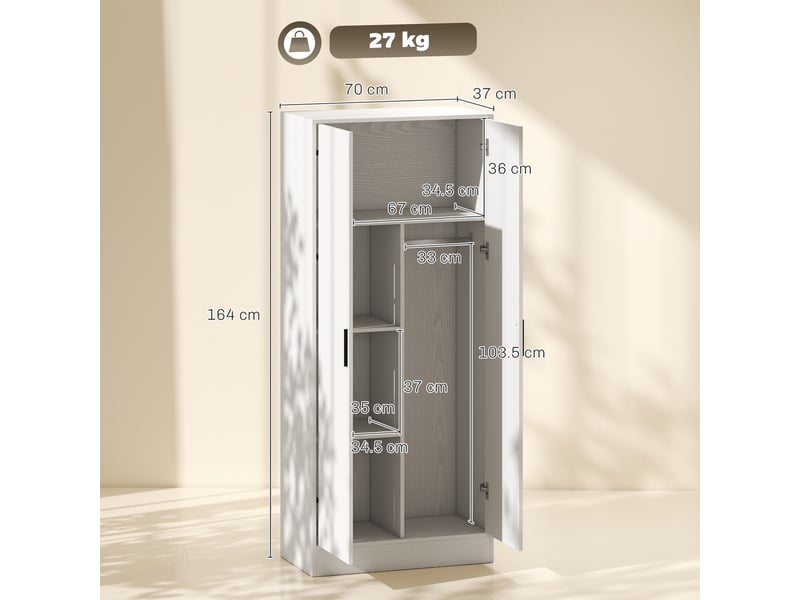  Armoire étroite avec penderie et étagères pour vêtements, 70 x 37 x 164 cm, blanche  - Conforama C